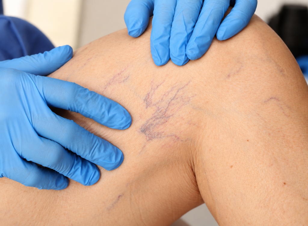 Close-up shot of spider veins before foam sclerotherapy in Suffolk County